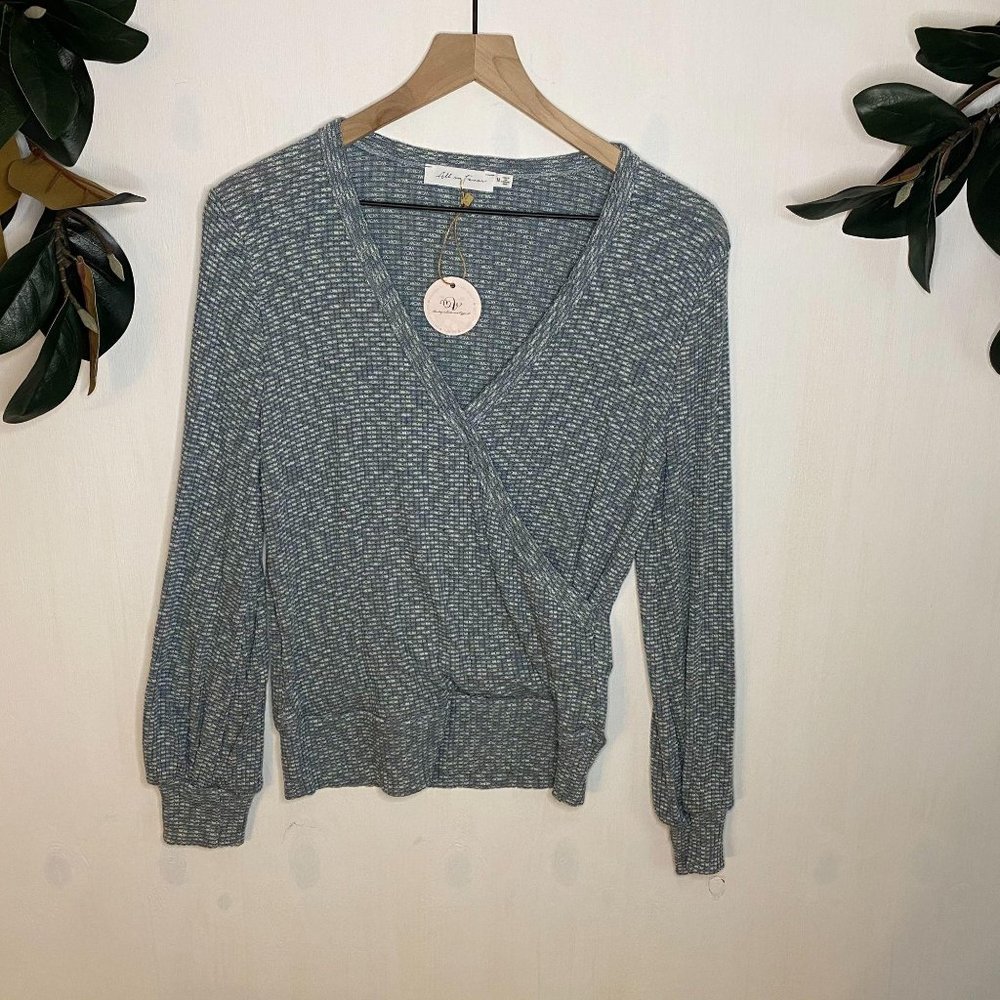 All in Favor Blue & White Faux Wrap VNeck Sweater